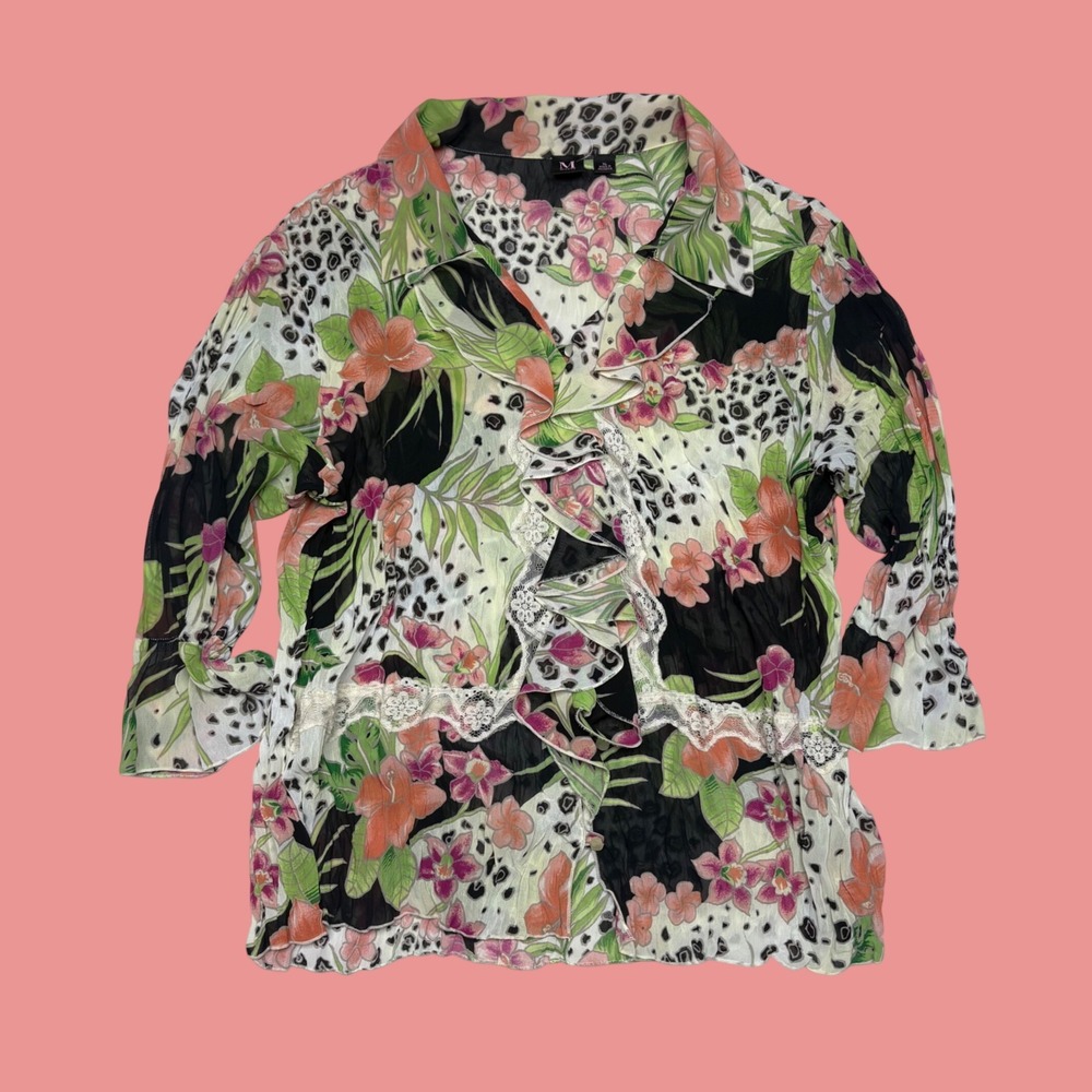 Milano Womens XL Tropical Floral Leopard Print Ruffle Lace Sheer Blouse Top
